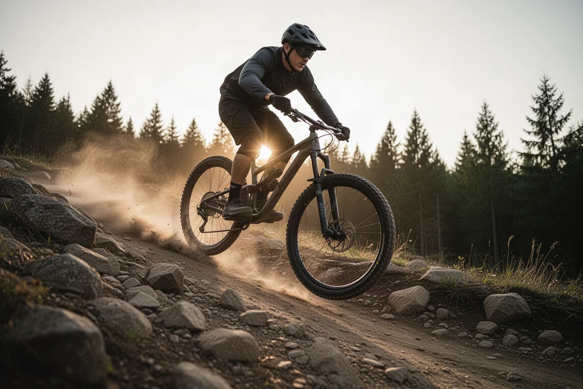 Mountainbikeåkare som cyklar nedför en teknisk stenig stig i gyllene timmen
