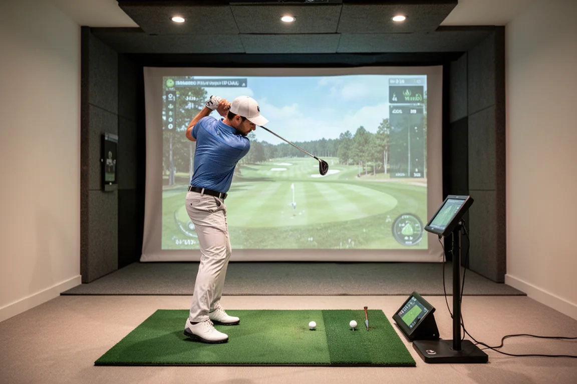 Golfare som svingar en klubba i en inomhussimulatorstudio med en launch monitor i närheten