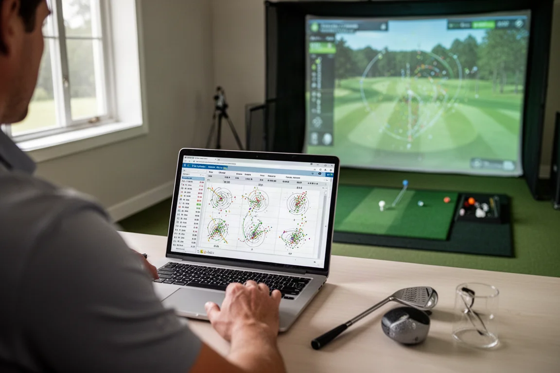 Golfare som granskar sessionstatistik på en bärbar dator i en hemmasimulatorinstallation