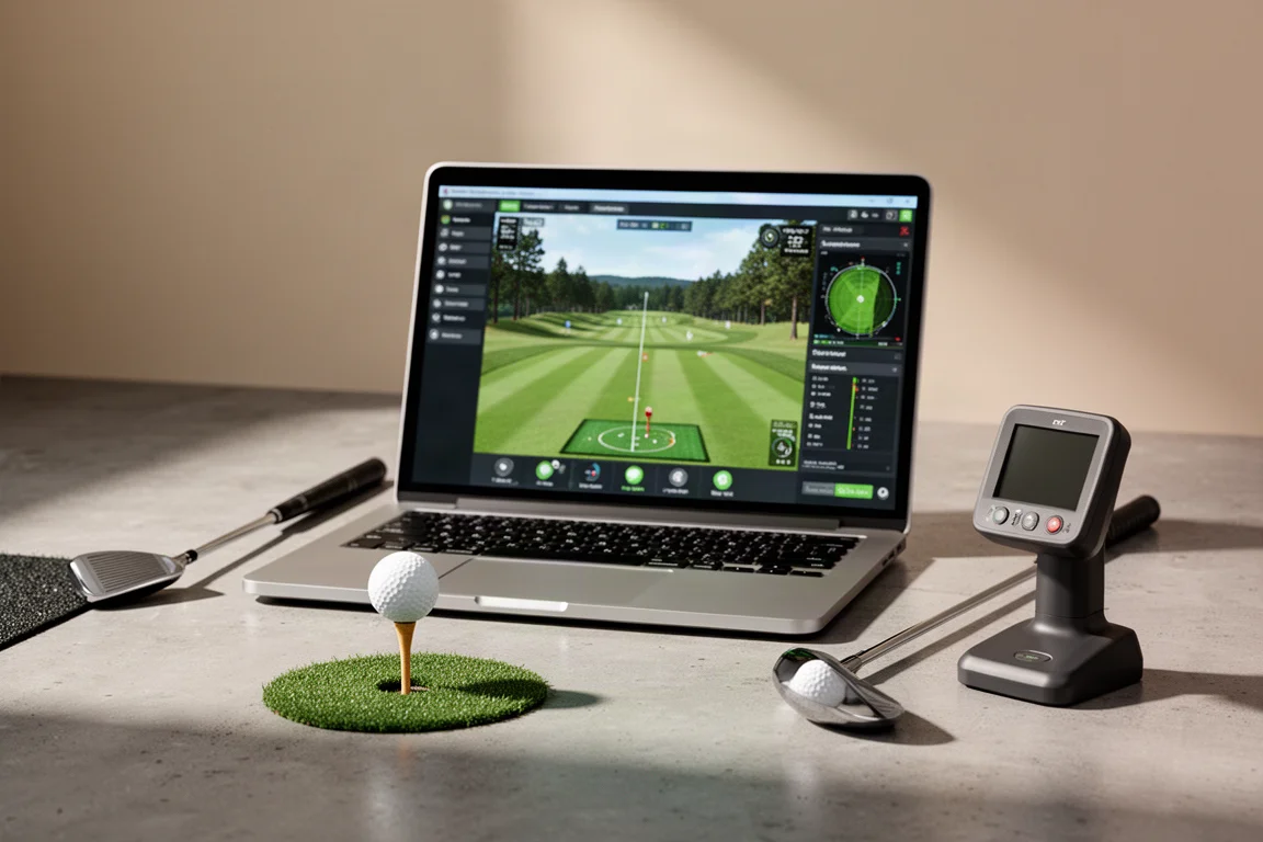 Portátil mostrando software de simulador de golf con una bola de golf y un monitor de lanzamiento cerca
