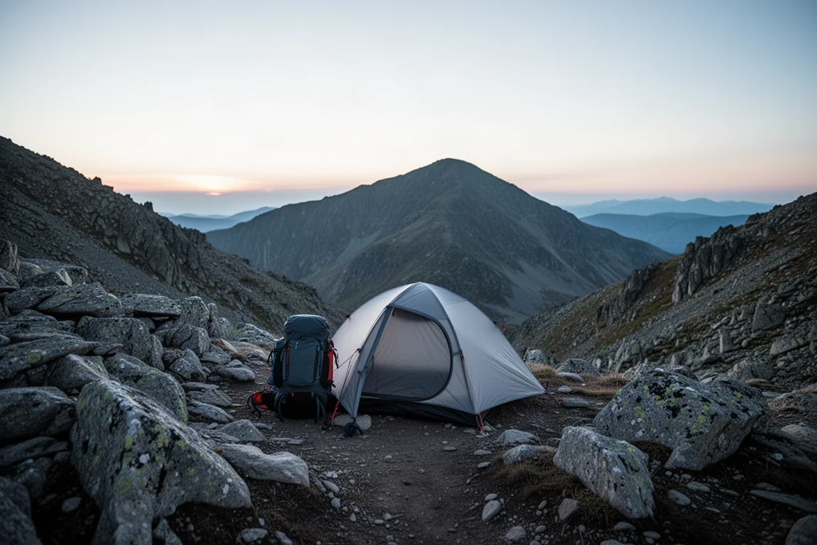 Mały namiot trekkingowy rozbity na wąskiej skalnej półce o zmierzchu