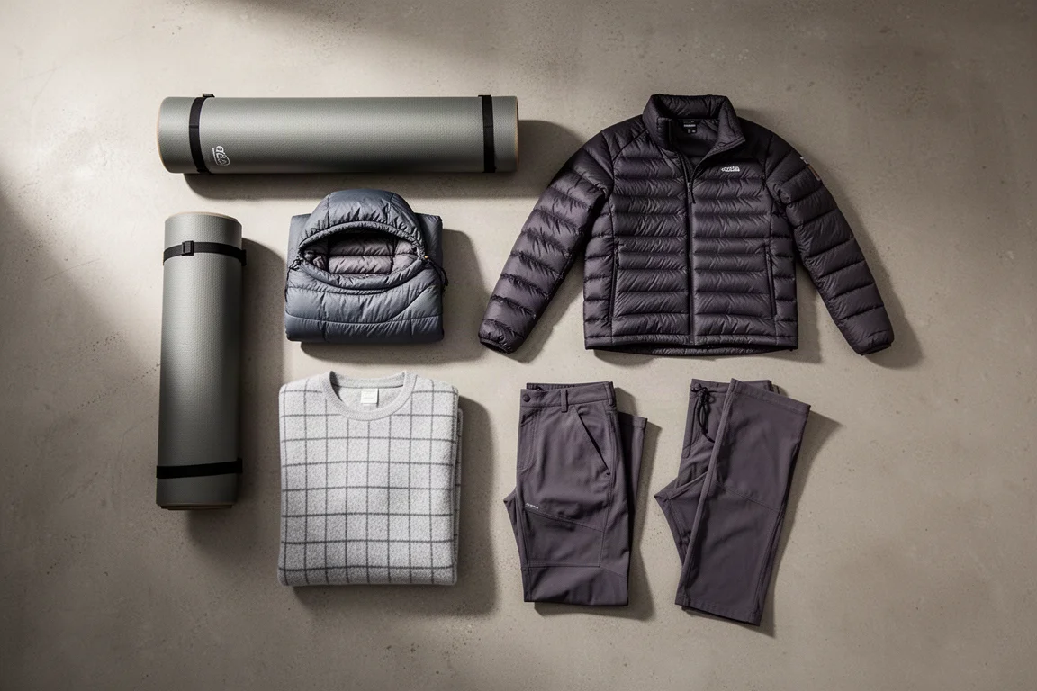 Flat lay of shoulder season backpacking gear including sleeping pad, quilt, fleece and puffy jacket