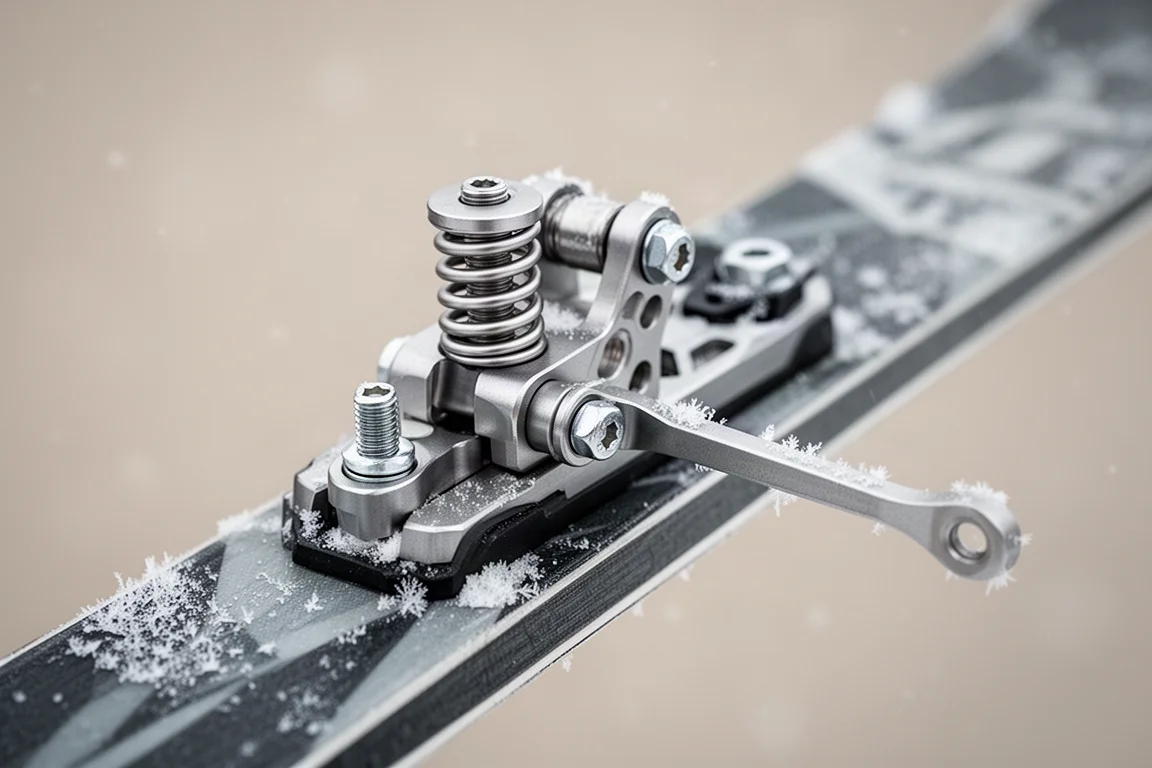 Primo piano di compatte ferramenta metalliche di sospensione su uno sci, coperte di brina