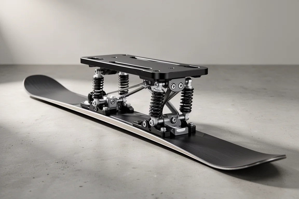 Suspension ski binding with raised platform and four suspension units on a concrete surface