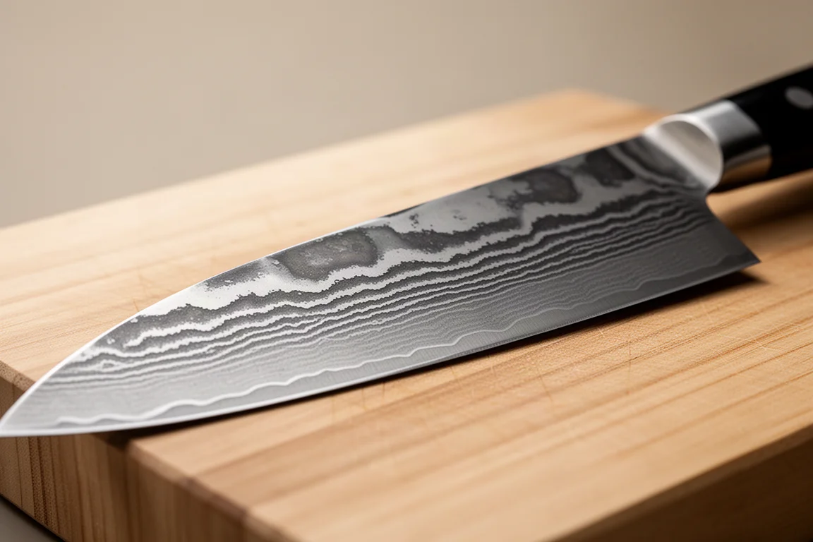 Close-up of a wavy layered Damascus steel blade pattern on a chef's knife