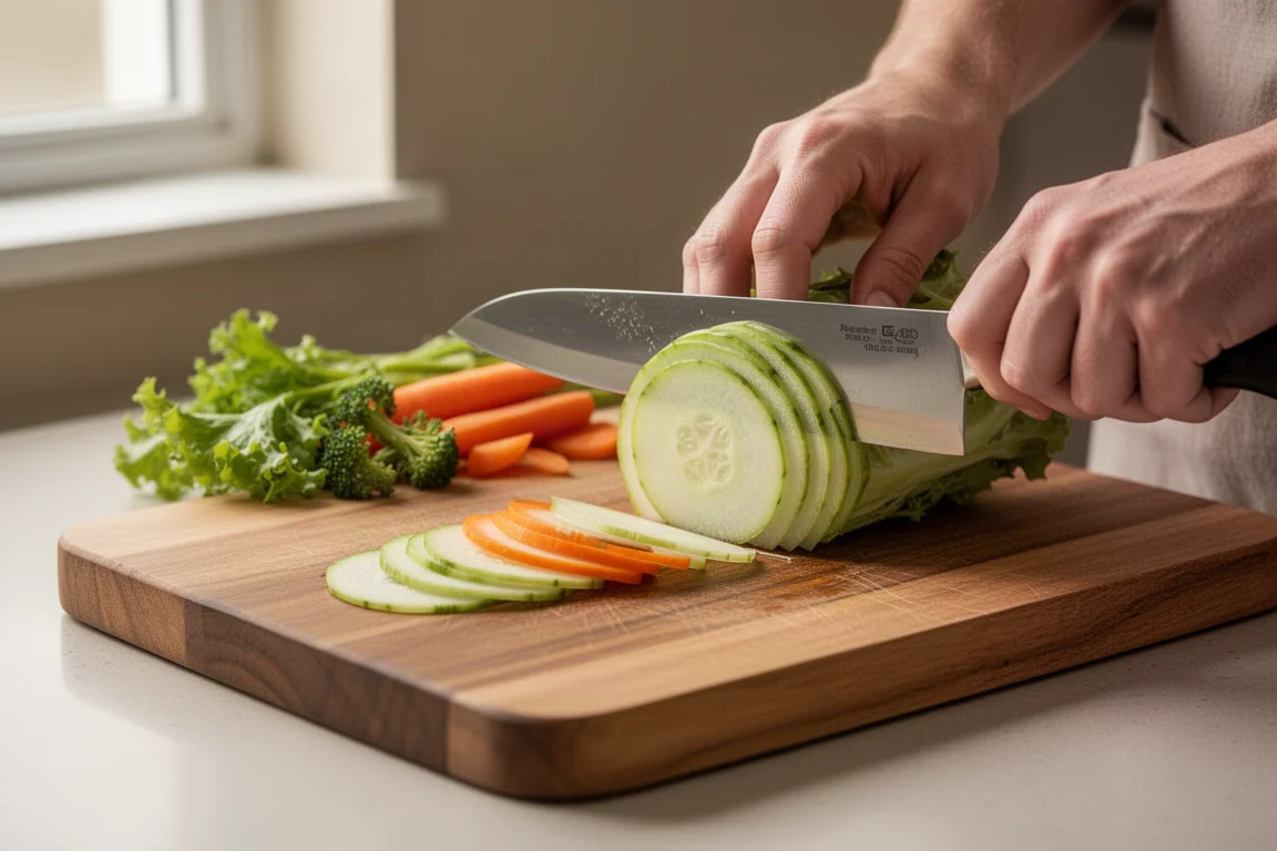 Chef slicing fresh vegetables with a chef's knife on a wooden board