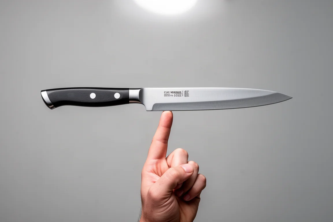 Chef's knife balanced on a fingertip at the bolster to show weight distribution