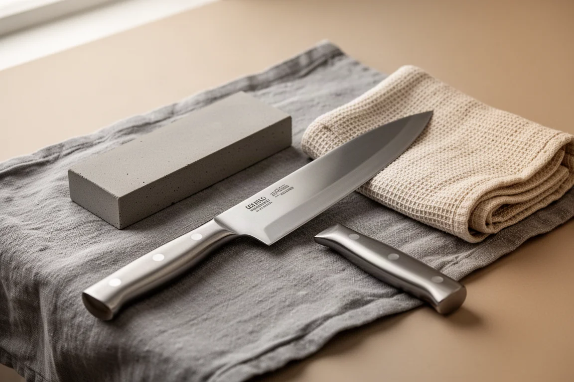 Carefully arranged chef's knife on a soft cloth next to a sharpening stone