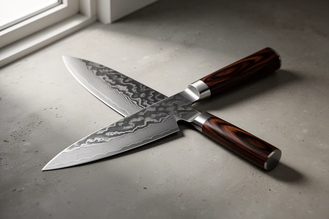 Shun Classic chef's knife with layered Damascus blade on a concrete surface