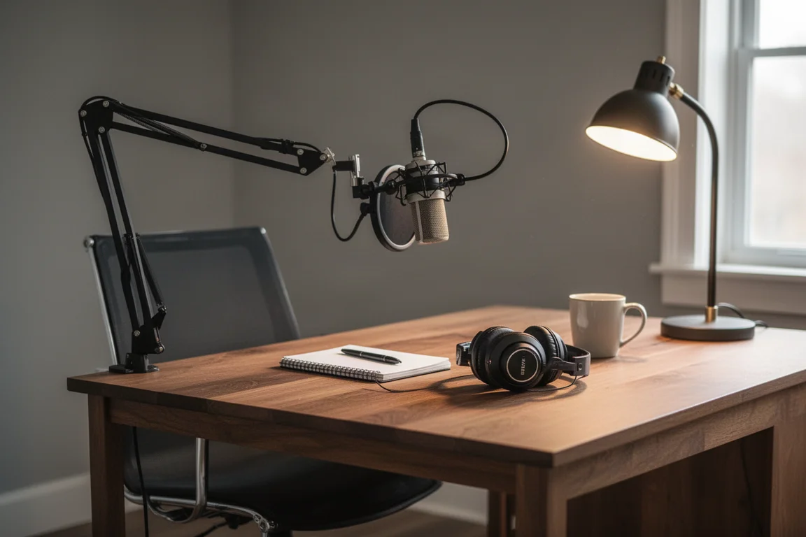 Escritorio de grabación de podcast con micrófono en brazo articulado, auriculares, cuaderno y taza