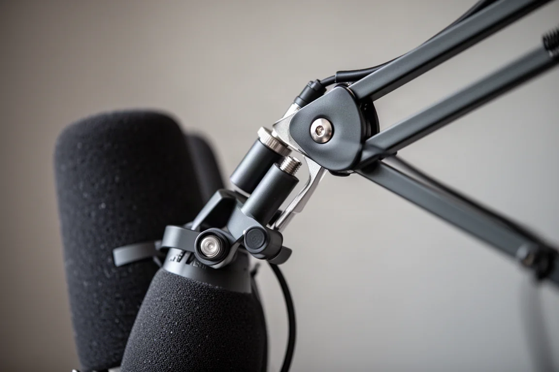 Primer plano de la horquilla de montaje de un micrófono de radiodifusión y el hardware de ajuste del brazo