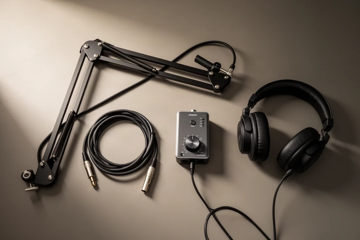 Vista cenital de un brazo articulado, cable XLR enrollado, interfaz de audio y auriculares de estudio