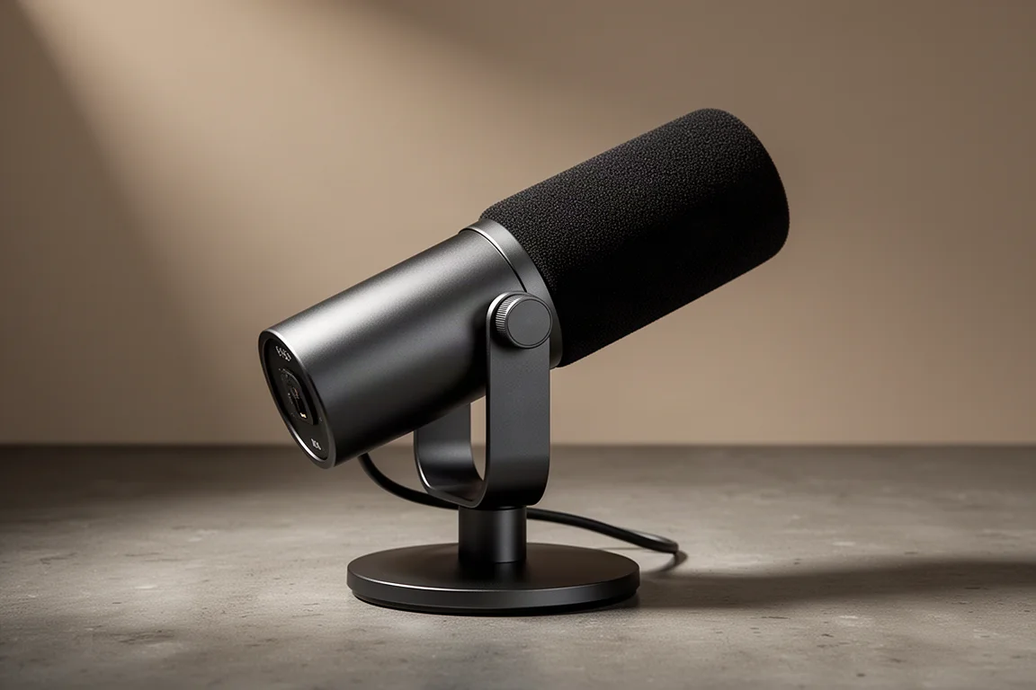 Dark grey broadcast microphone with foam windscreen on a low desk stand against a neutral backdrop