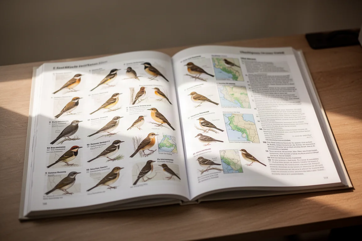 Páginas abertas de um guia de campo de aves mostrando ilustrações e notas de identificação sobre uma escrivaninha