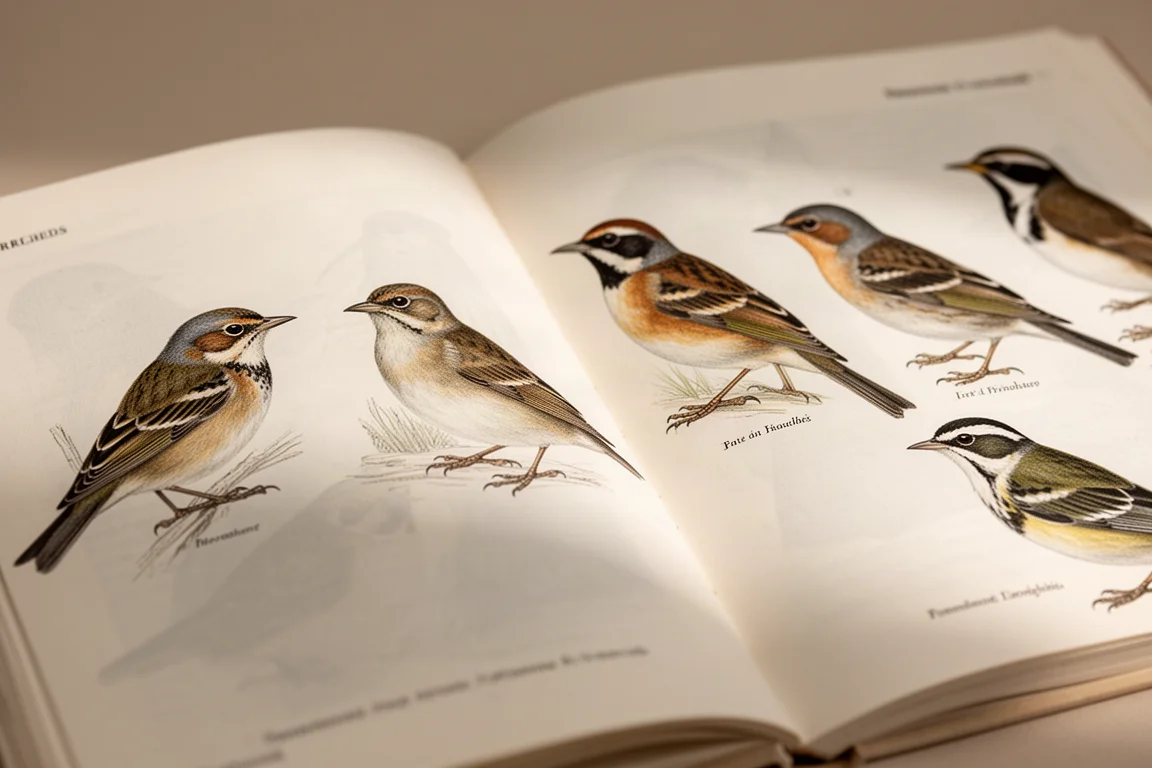 Close-up de páginas com ilustrações detalhadas de aves mostrando diferenças sutis de plumagem