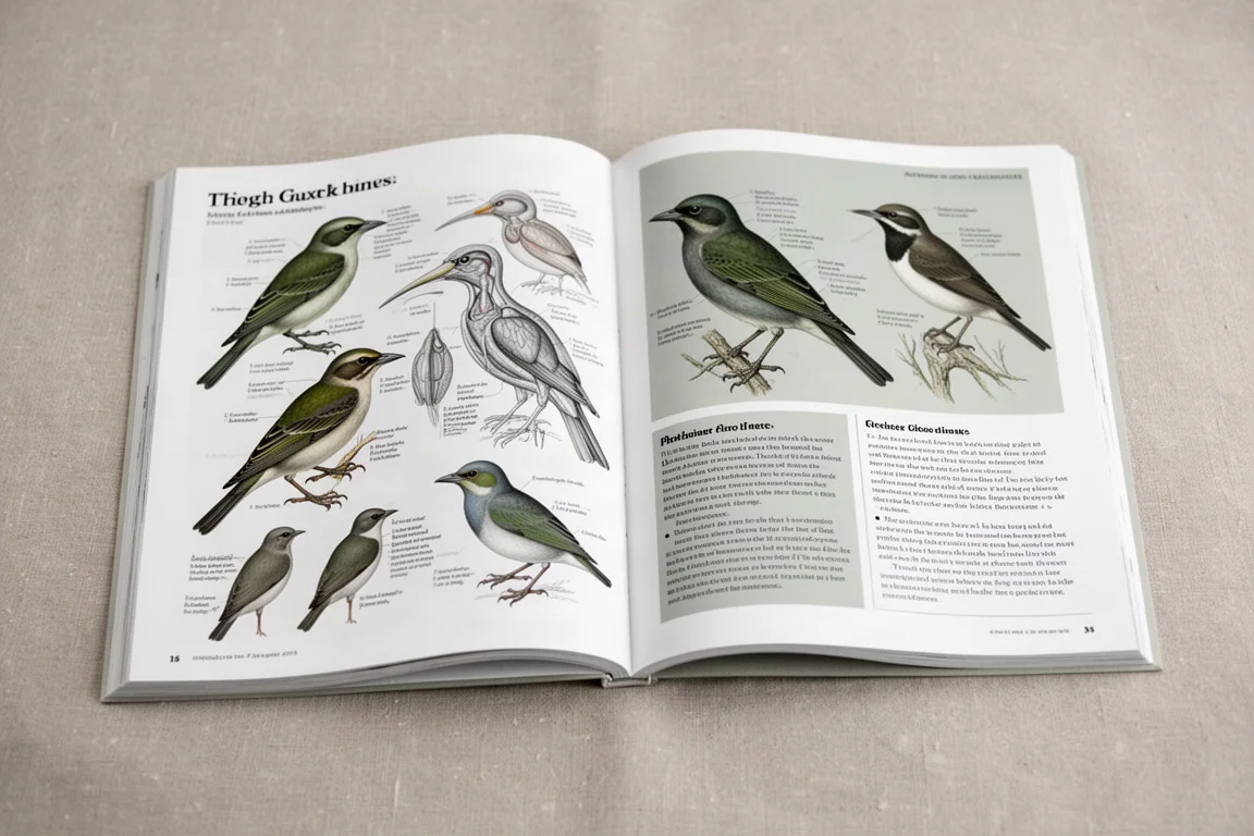 Guia de campo aberto em páginas introdutórias com diagramas da anatomia das aves