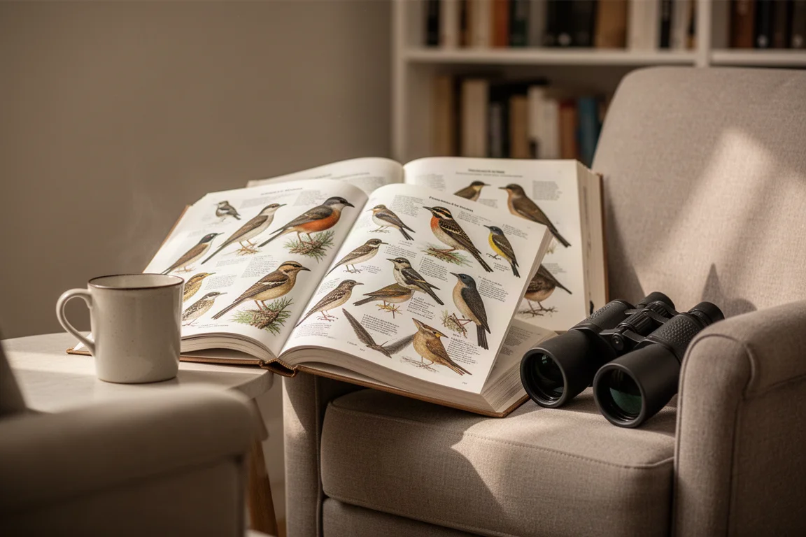 Observador de aves consultando um guia de campo em casa com café e binóculos por perto