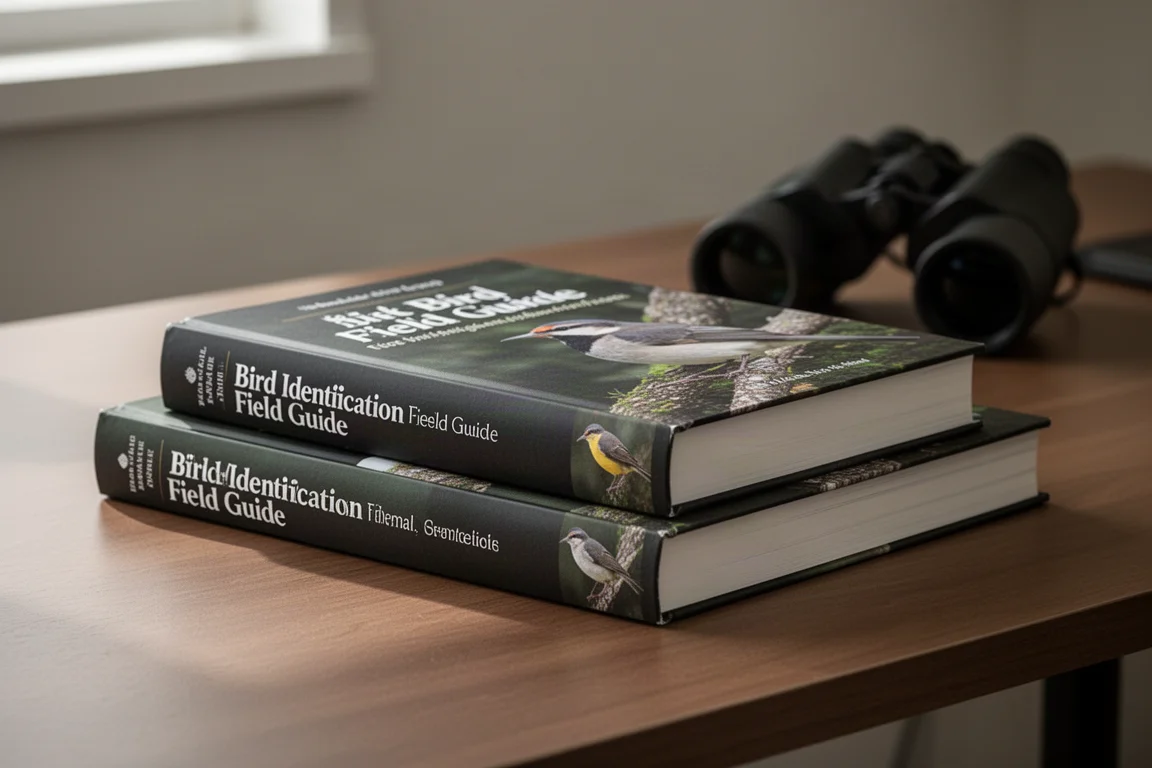 Zwei Vogelführer-Bücher unterschiedlicher Größe auf einem Holztisch neben einem Fernglas