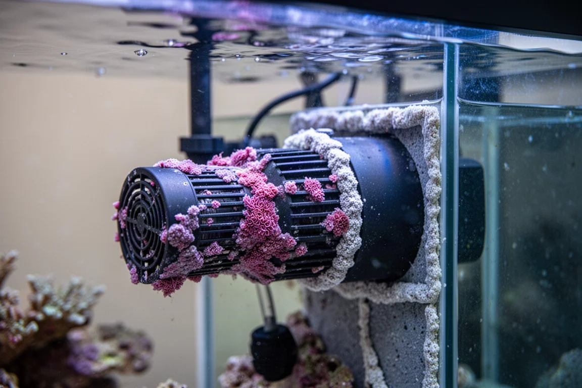 Close-up of a return pump encrusted with pink coralline algae inside a reef sump
