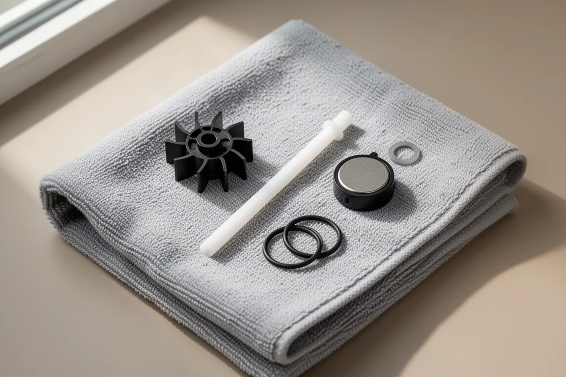 Disassembled pump parts including impeller, ceramic shaft and rubber O-rings on a towel
