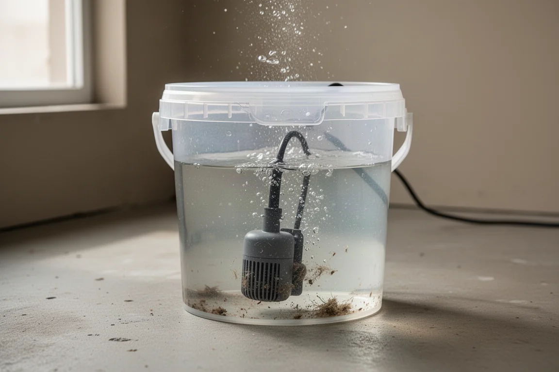 Aquarium pump submerged in a bucket of cleaning solution with bubbles rising