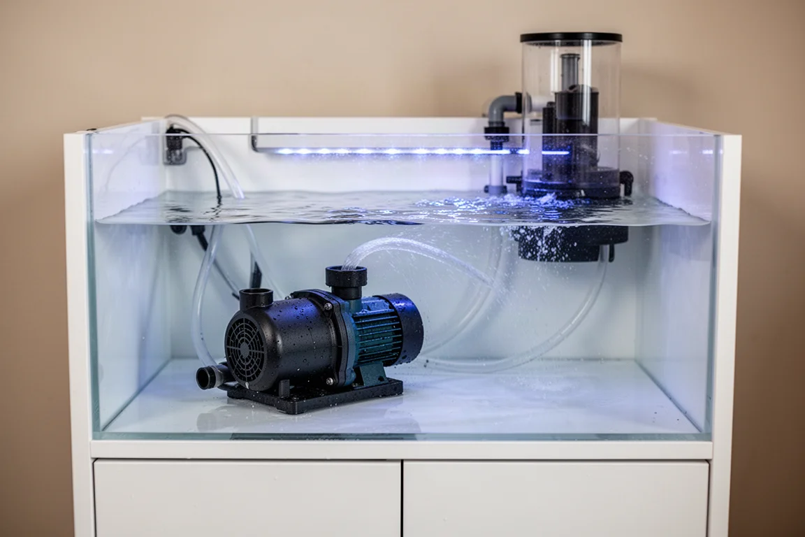 Spotless reef aquarium sump with a freshly cleaned pump reinstalled and running
