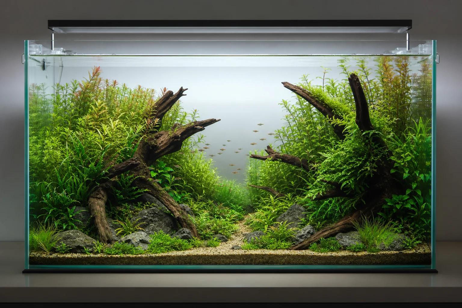 Acquario d'acqua dolce allestito con piante rigogliose e hardscape