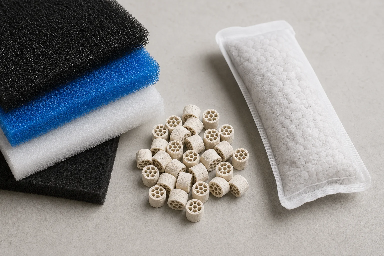 Dettaglio delle cartucce modulari del filtro e degli strati di spugna