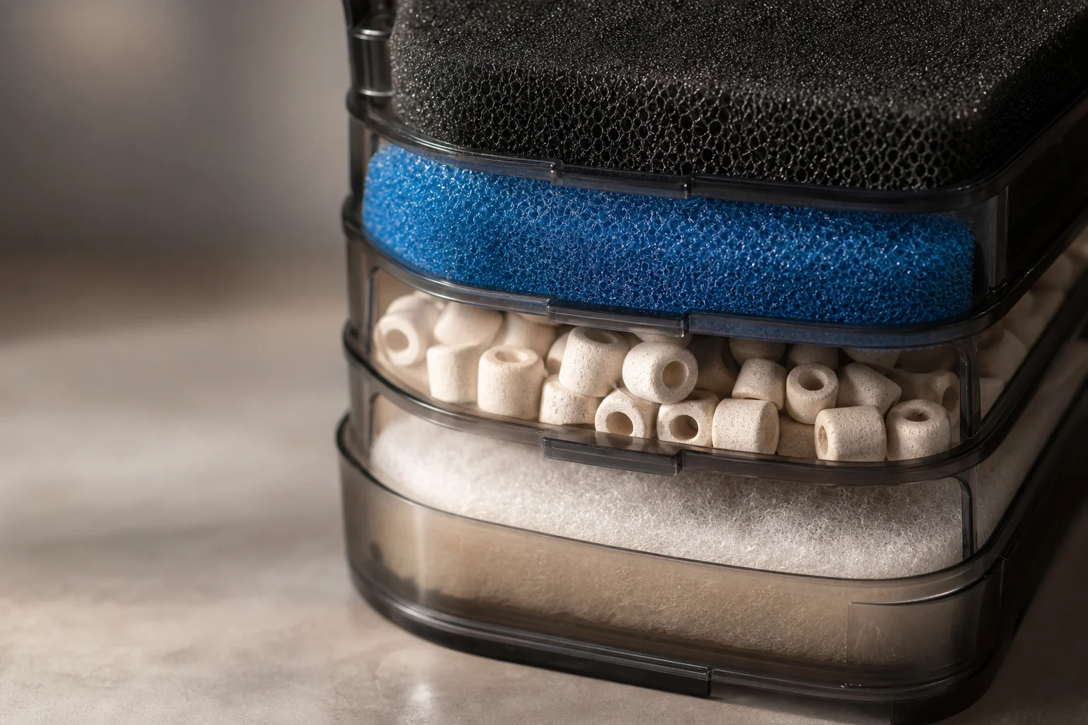 Canister filter media baskets with layered foam pads and biomedia