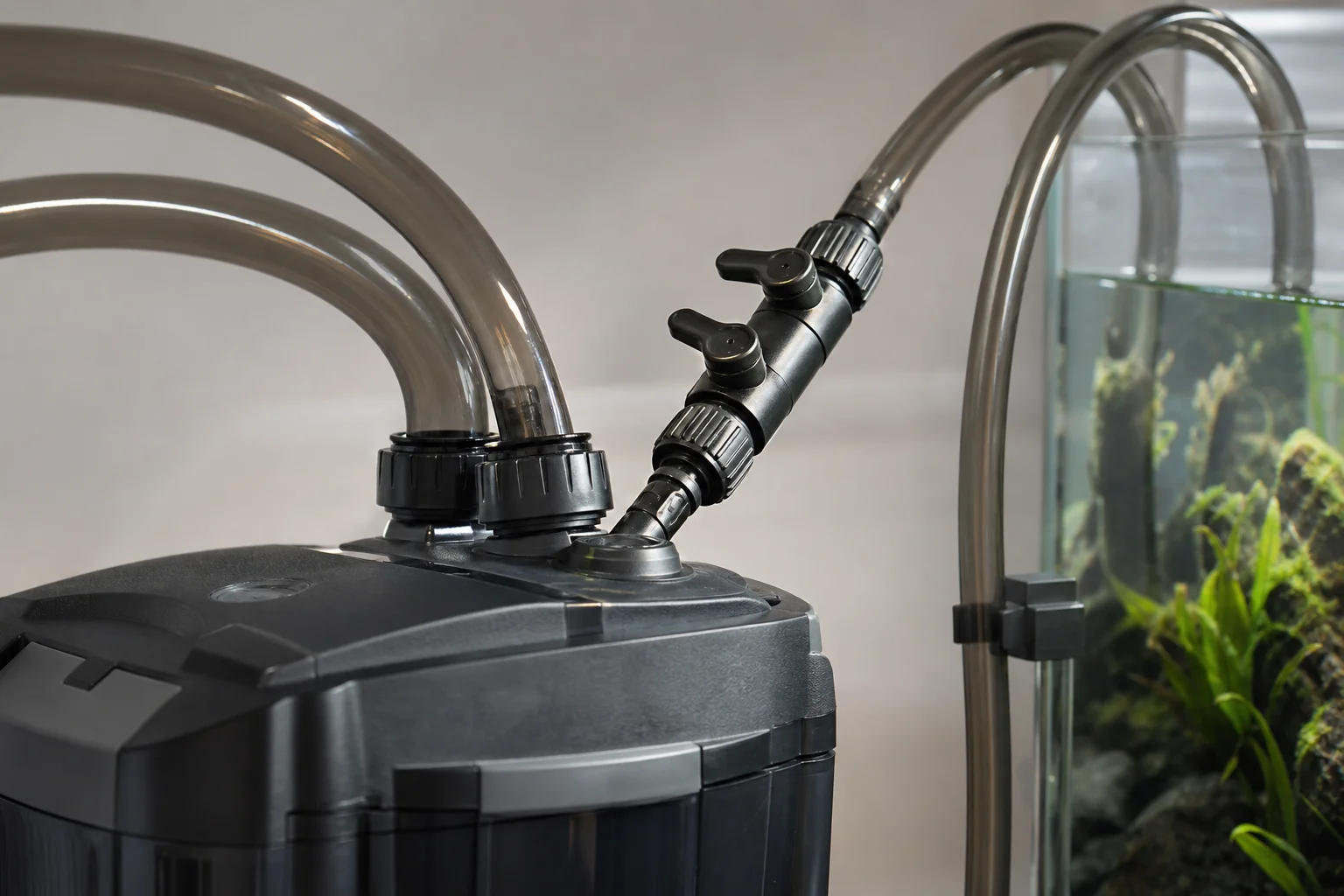Canister filter tubing and quick disconnect valve assembly