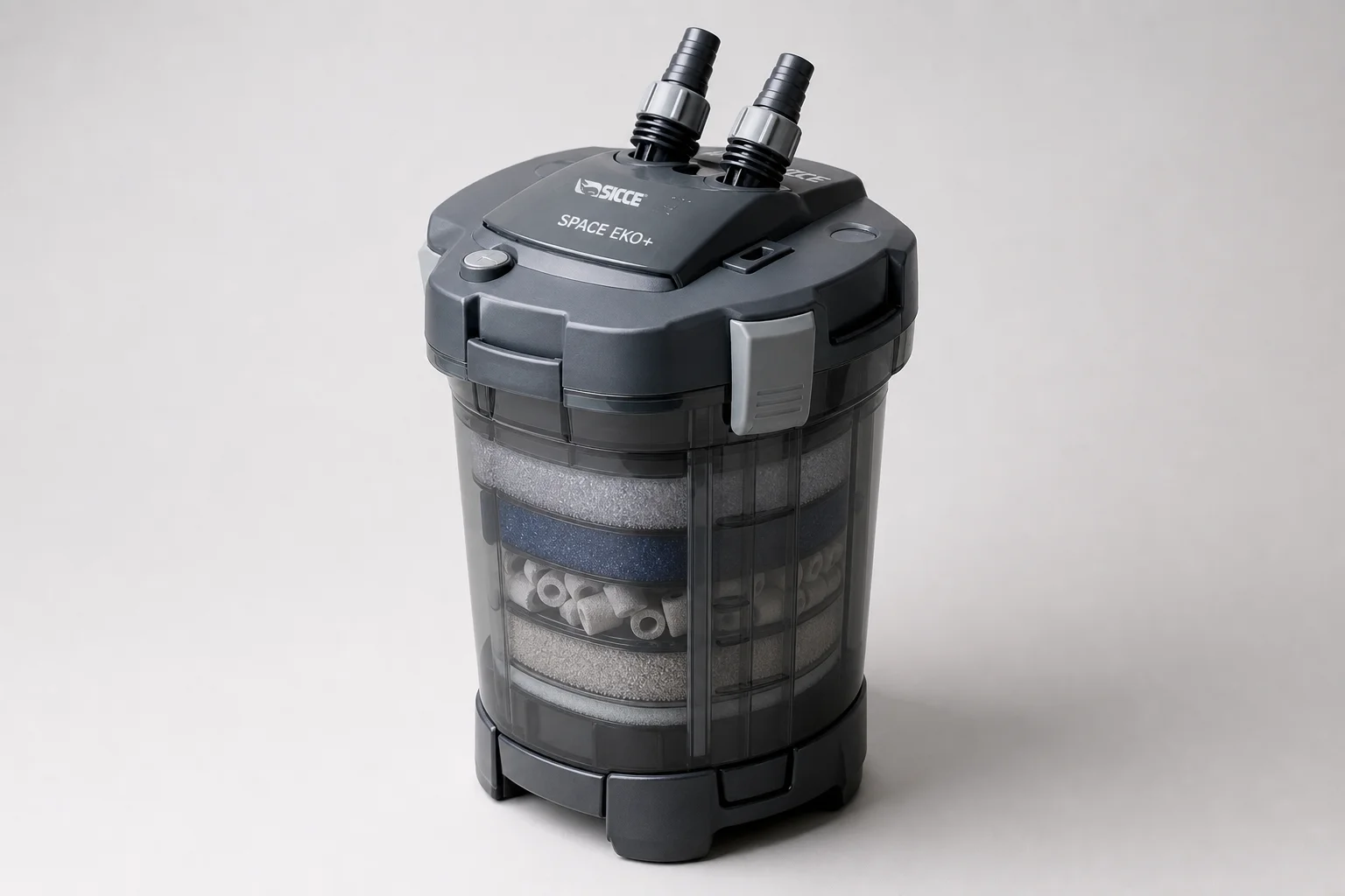 Sicce Space EKO+ canister filter with integrated pump motor on neutral backdrop