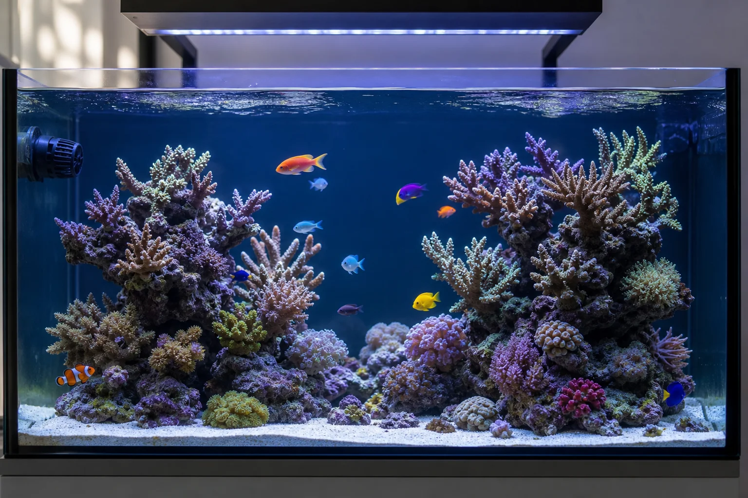 Vibrant reef aquarium with corals and fish in clear blue water