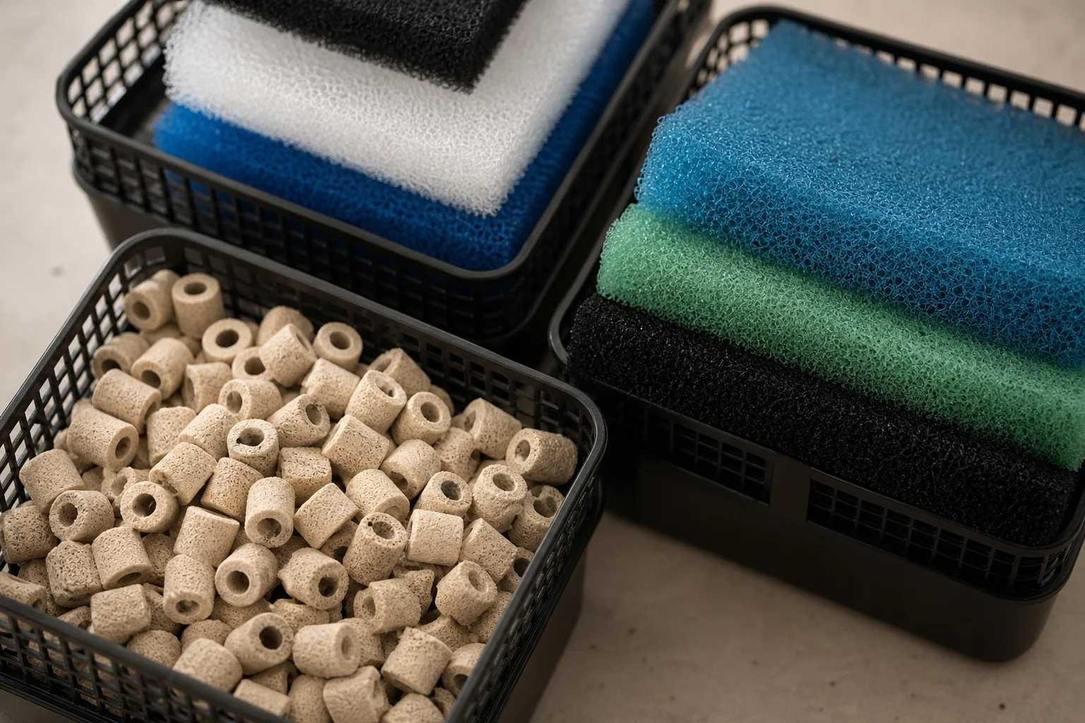 Close-up of filter media baskets with foam pads and ceramic media