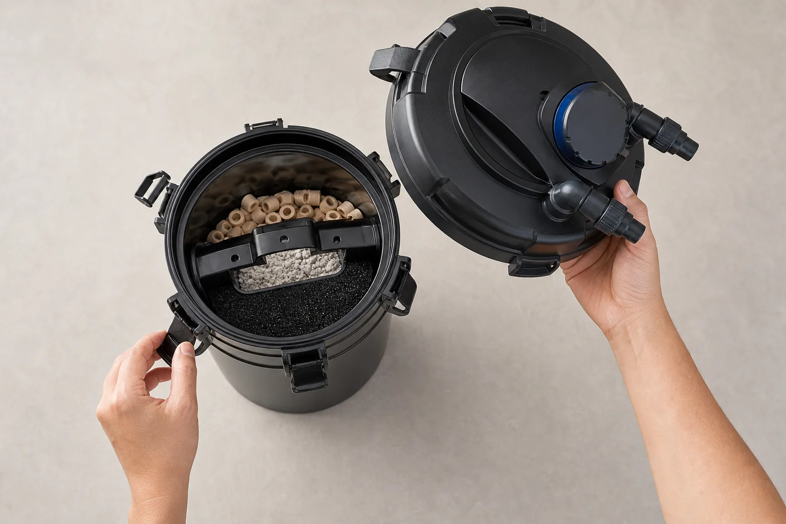 Hands removing canister filter lid to access media baskets