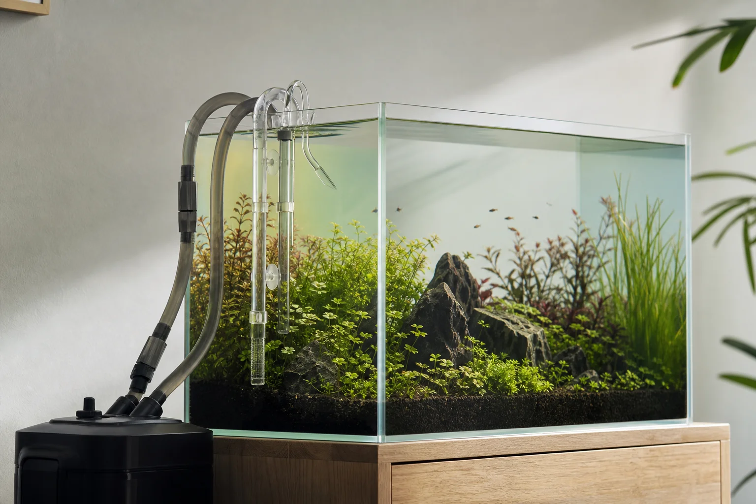 Canister filter tubing and assemblies integrated with aquarium setup