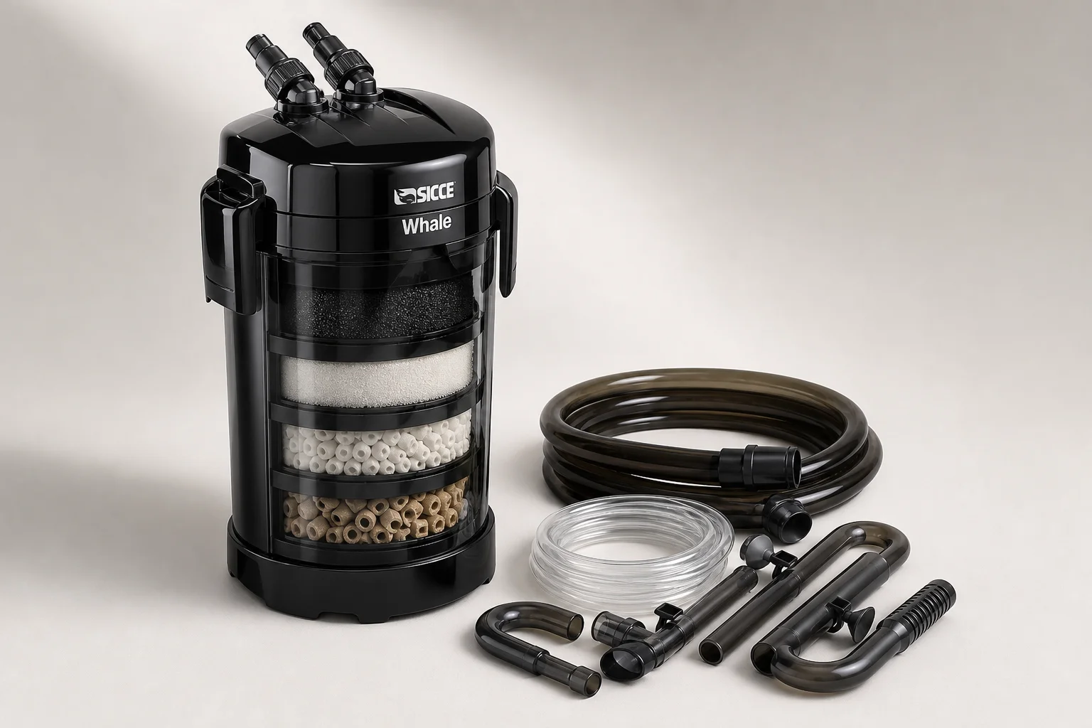 Sicce Whale canister filter with tubing on neutral background