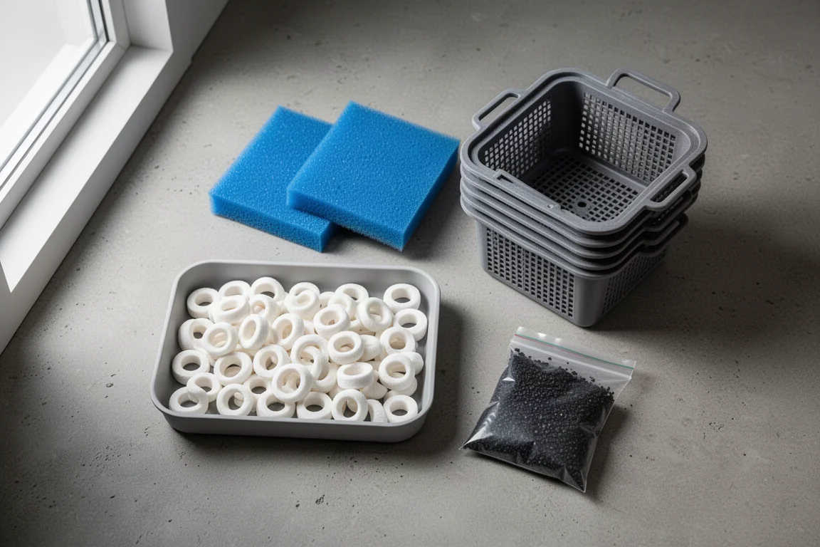 Vista dall'alto di materiali filtranti per acquario tra cui spugne, materiale biologico ceramico e cestelli quadrati