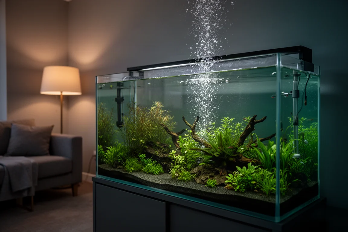 Acquario d'acqua dolce piantumato con acqua limpida e piante verdi in un soggiorno dalla luce soffusa