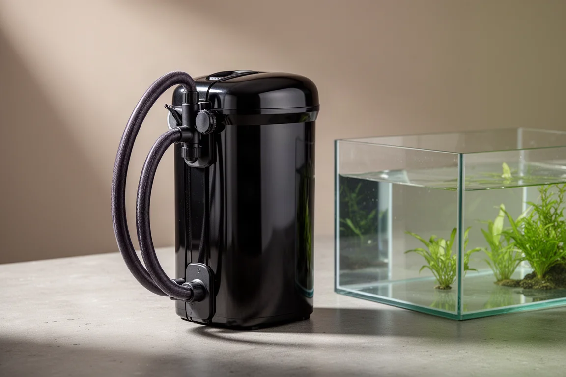 水草を植えたガラス水槽の横に置かれた、2本のホース付きの光沢ある黒い水槽用キャニスター濾過器