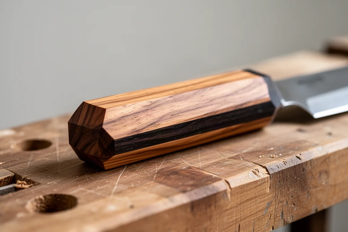 Facettierter Griff aus Santelholz und Ebenholz eines Gyuto-Messers auf einer hölzernen Werkbank