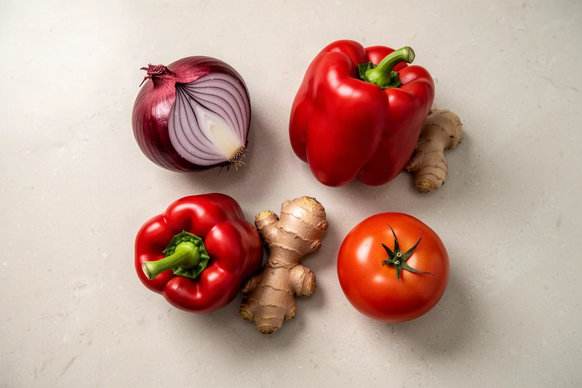 Frische Zutaten wie Zwiebel, Paprika und Ingwer auf einer Küchenanrichte arrangiert
