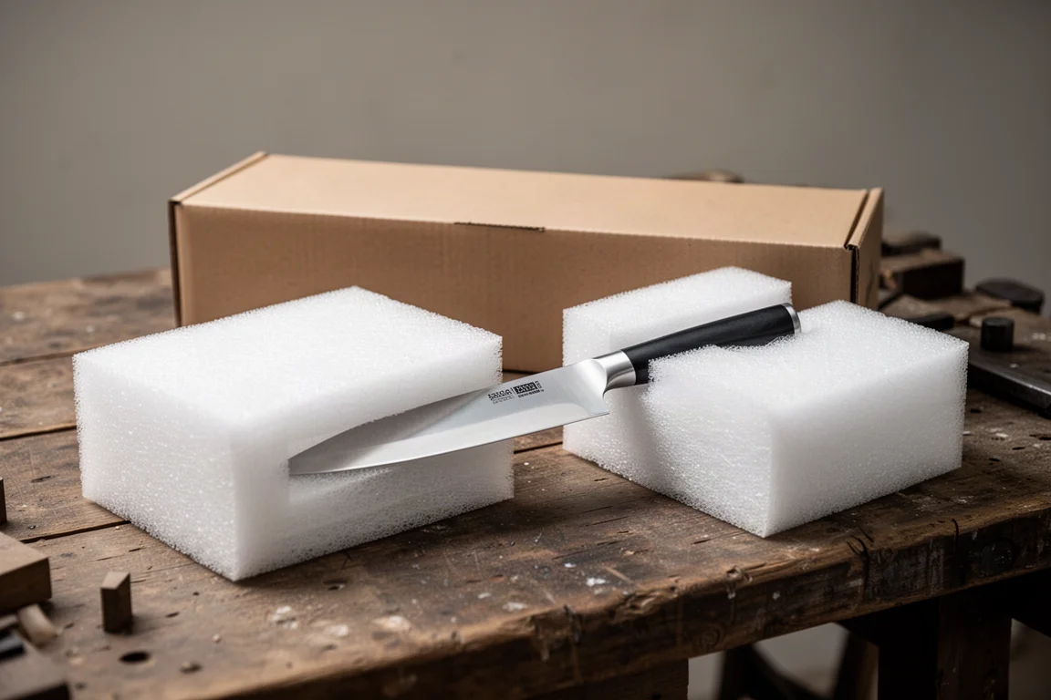 Einfache Styroporverpackung, in der ein Messer zwischen zwei Platten liegt