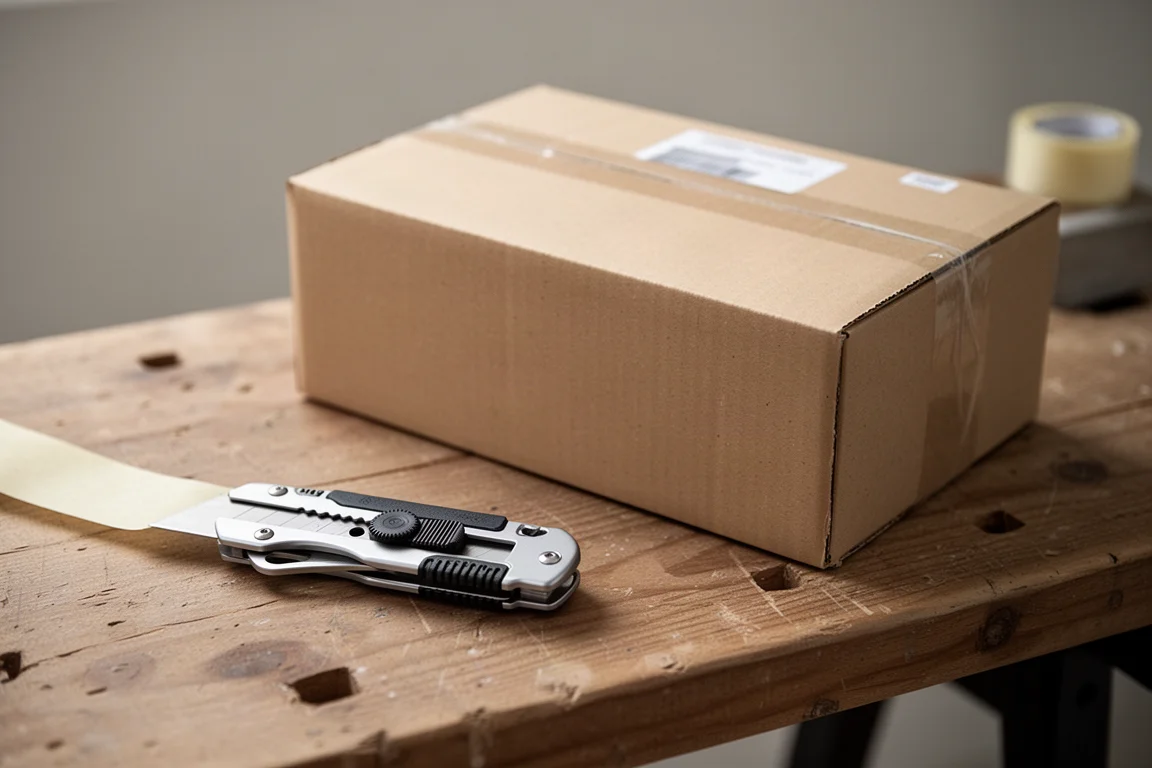 Couteau utilitaire multi-outil compact posé sur un établi à côté d'un carton