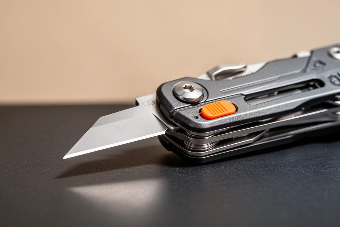 Lame du couteau utilitaire déployée et verrouillée sur une surface sombre