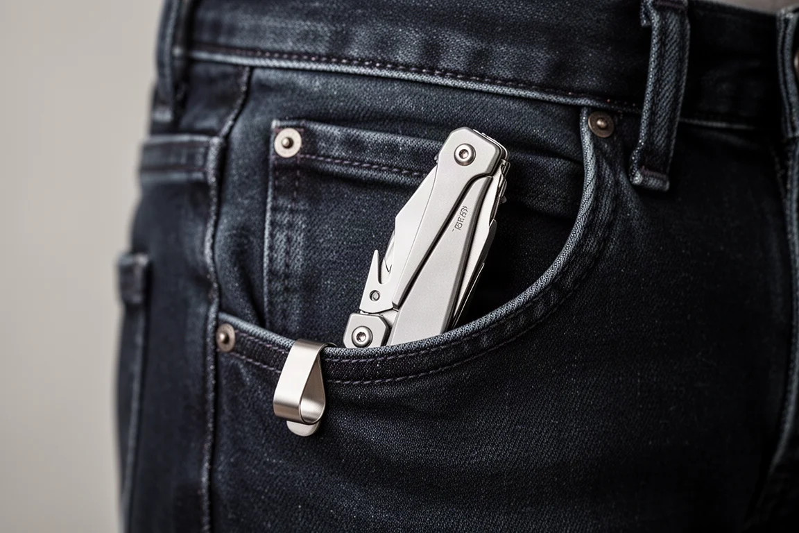Multi-outil accroché dans une poche de jean avec le clip de poche visible