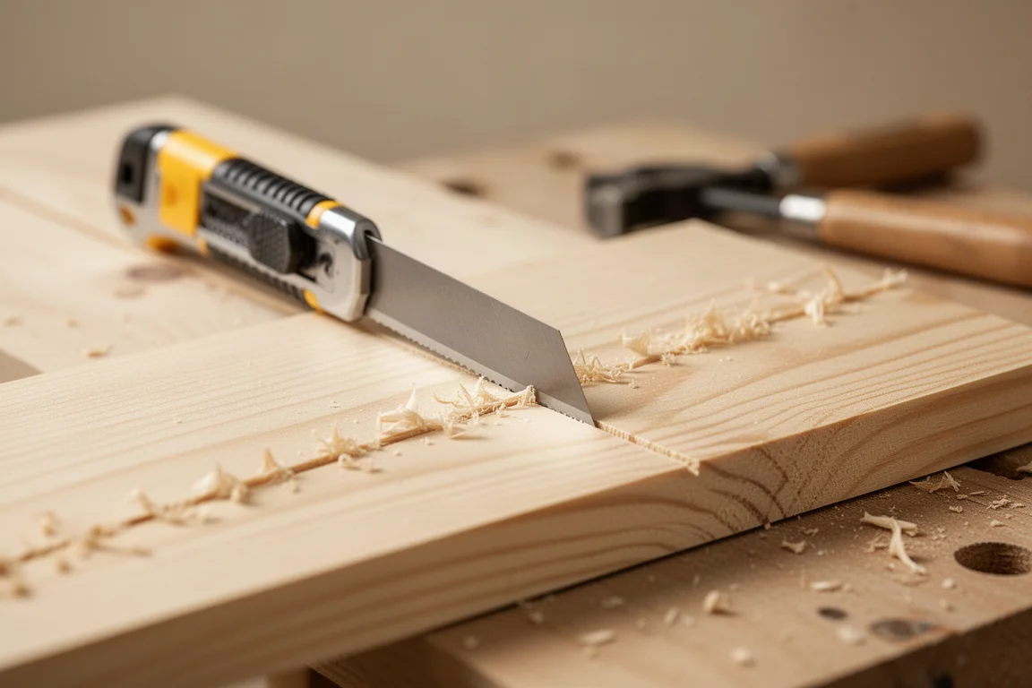 Lame du couteau utilitaire traçant une ligne de coupe droite sur une planche de bois