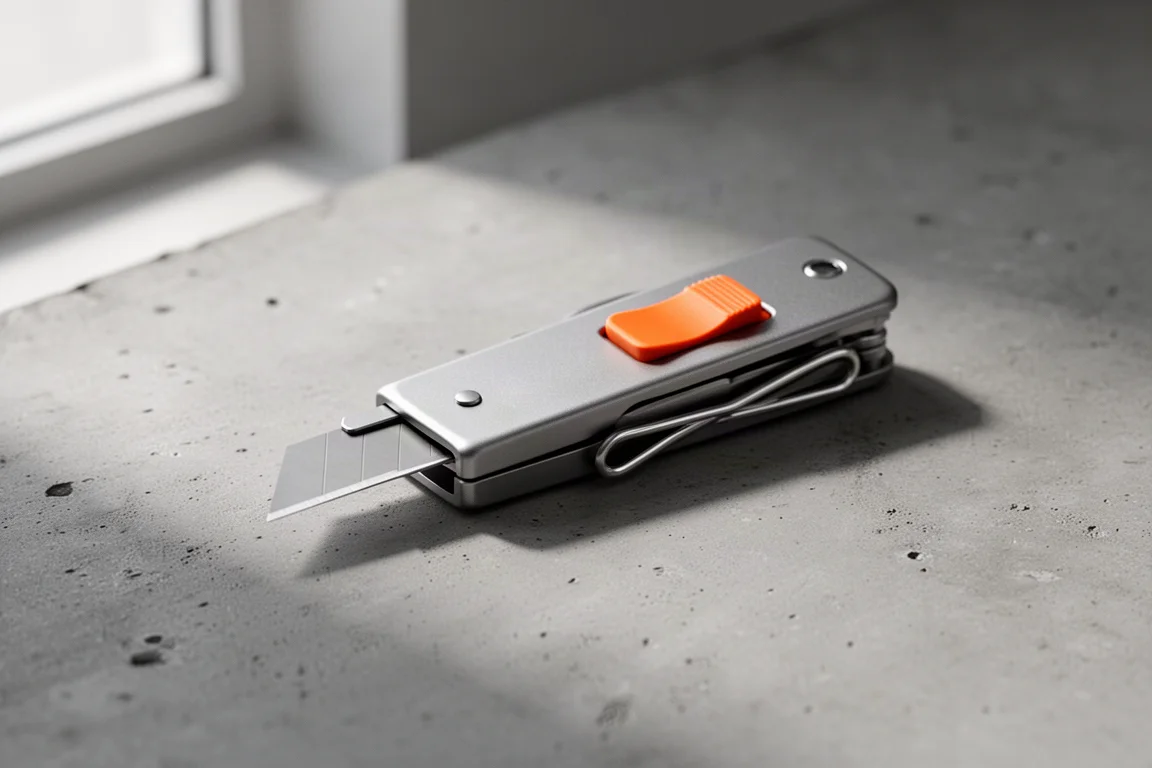 Compact utility knife multi-tool with orange slide button on concrete surface