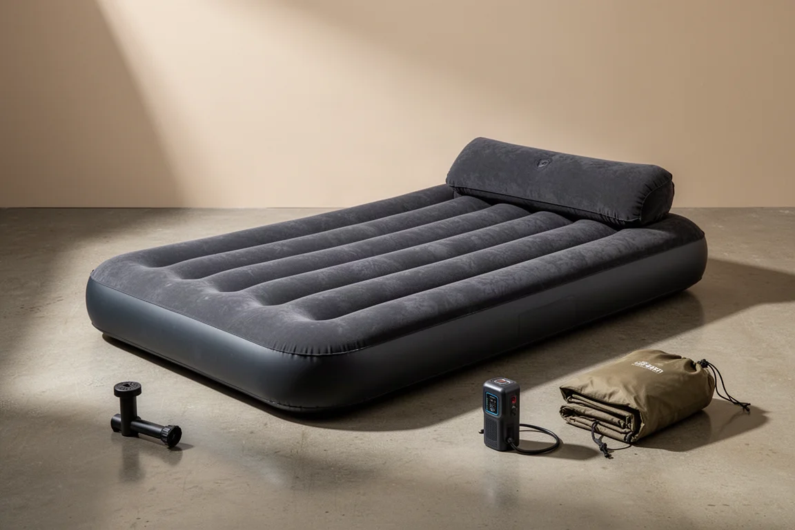 Inflated two-person camping air mattress with built-in pillow, pump, and stuff sack on concrete