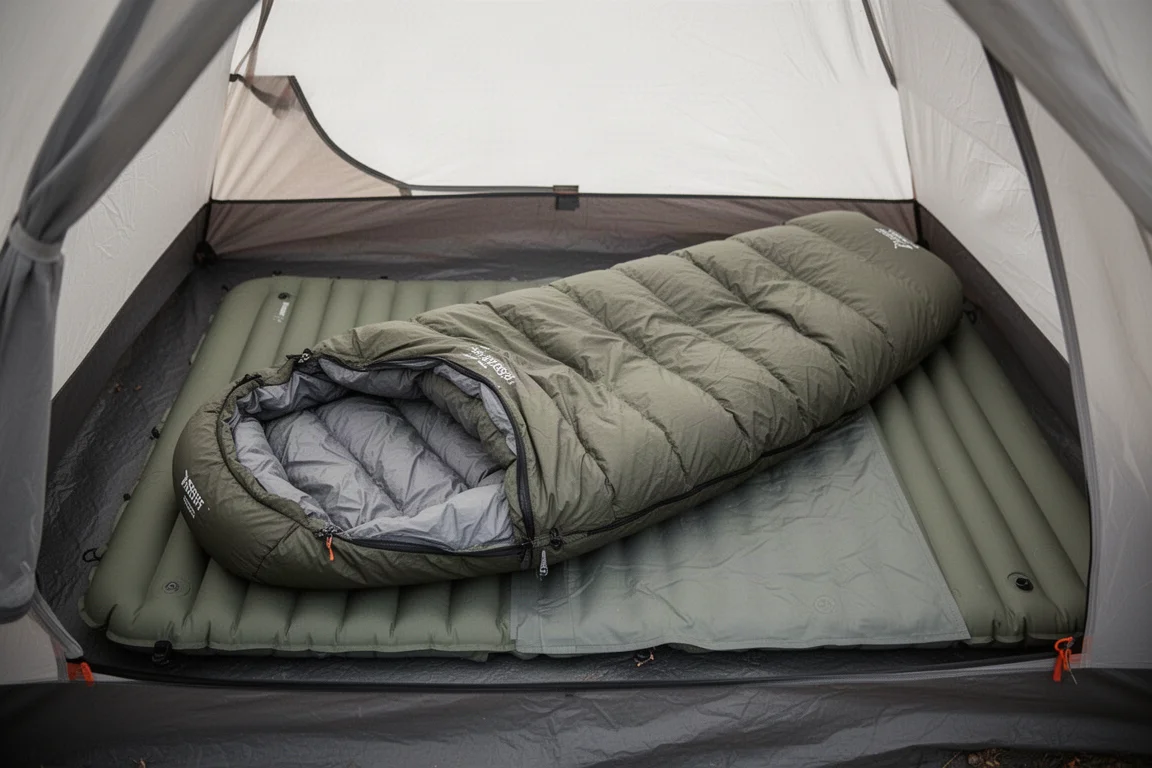 Saco de dormir de plumas sem zíper aberto sobre um isolante dentro de uma barraca