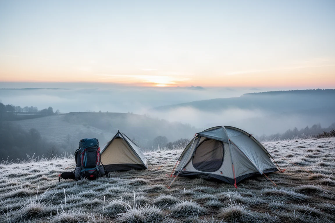 Acampamento coberto de geada ao amanhecer, com névoa e uma barraca montada em uma encosta